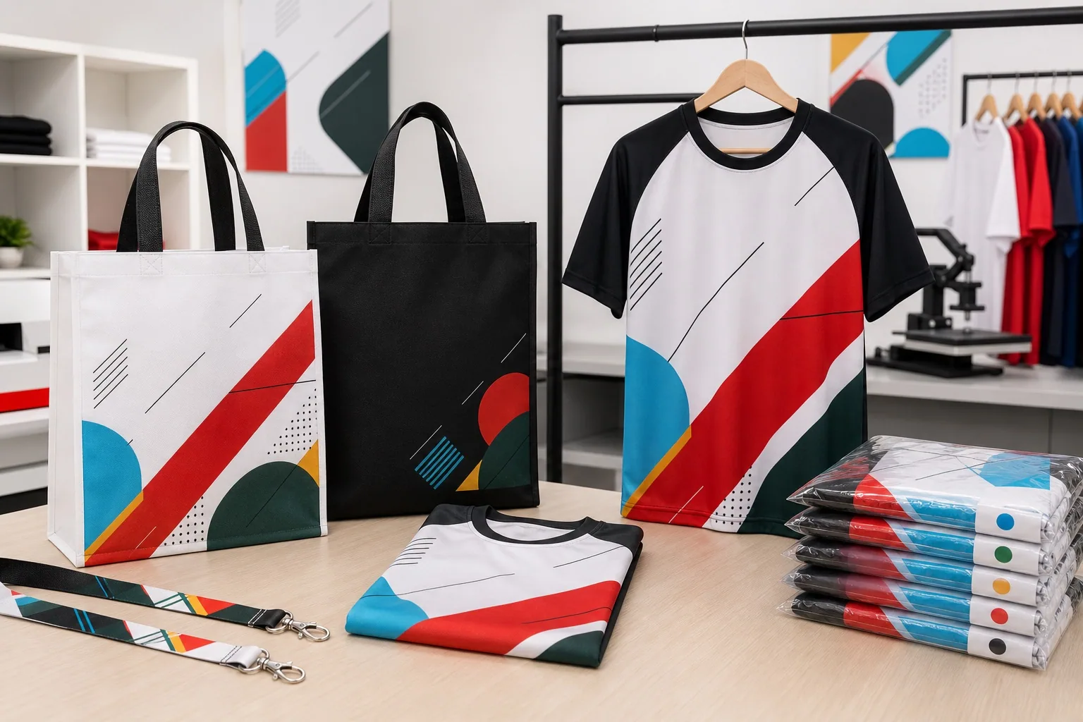 Branded non-woven and canvas bags with full-colour sublimation shirts, lanyards and size-sorted packing