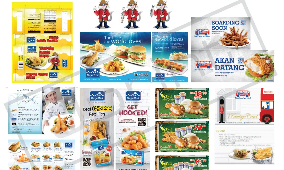 Food and beverage campaign artwork across menus, cards and retail materials