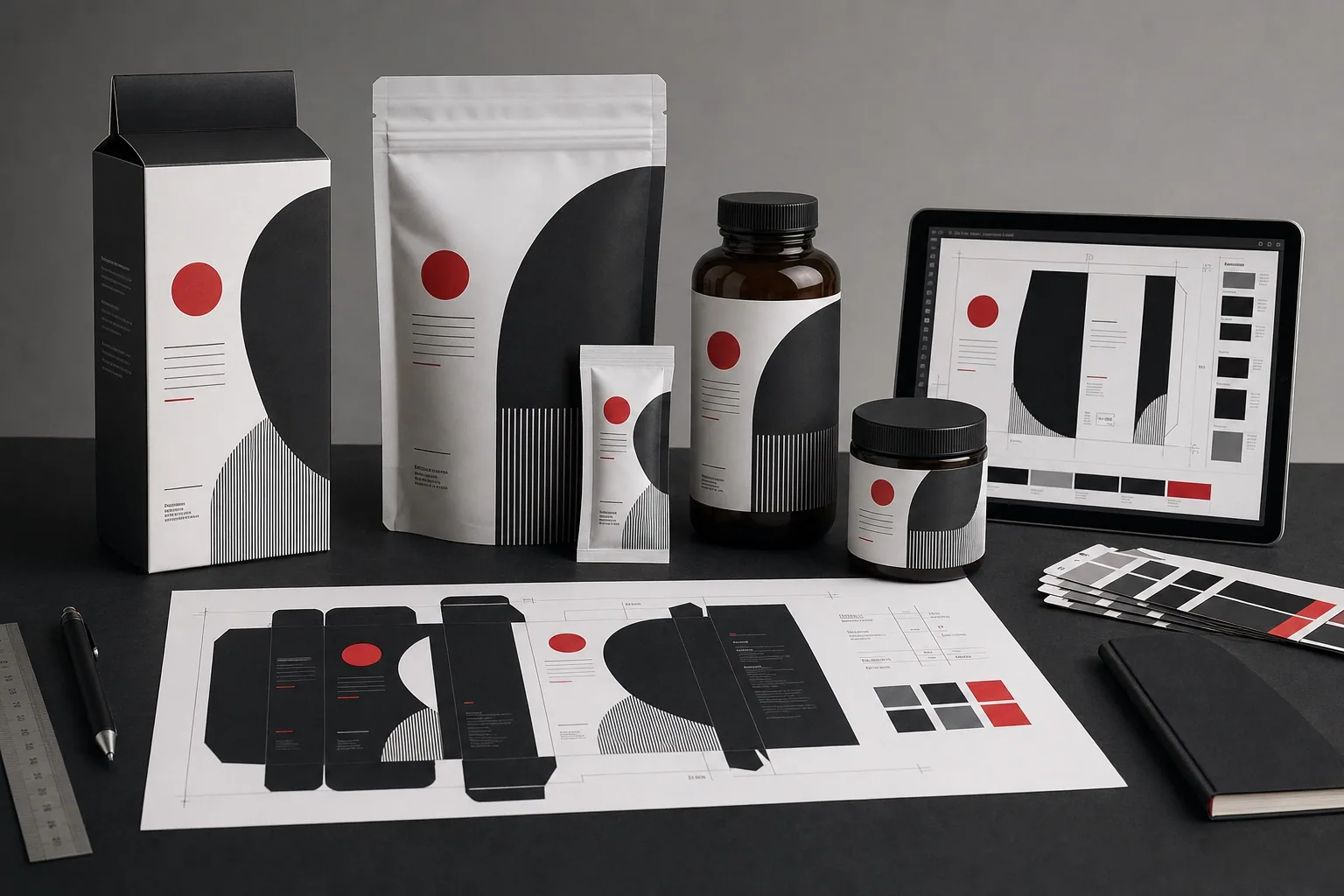 Illustration of packaging and label artwork being prepared for production