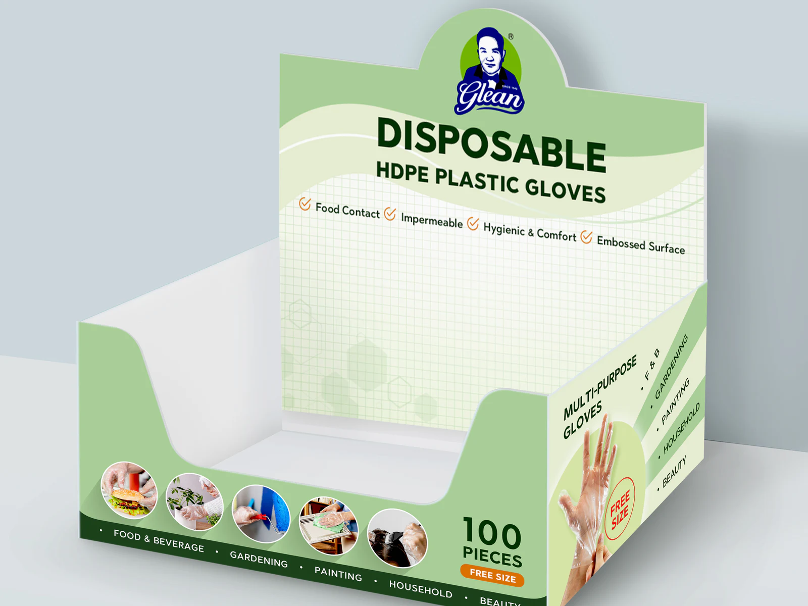 Glean disposable glove counter display packaging mockup
