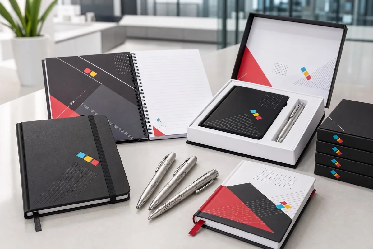 Custom notebook and pen set prepared for company branding