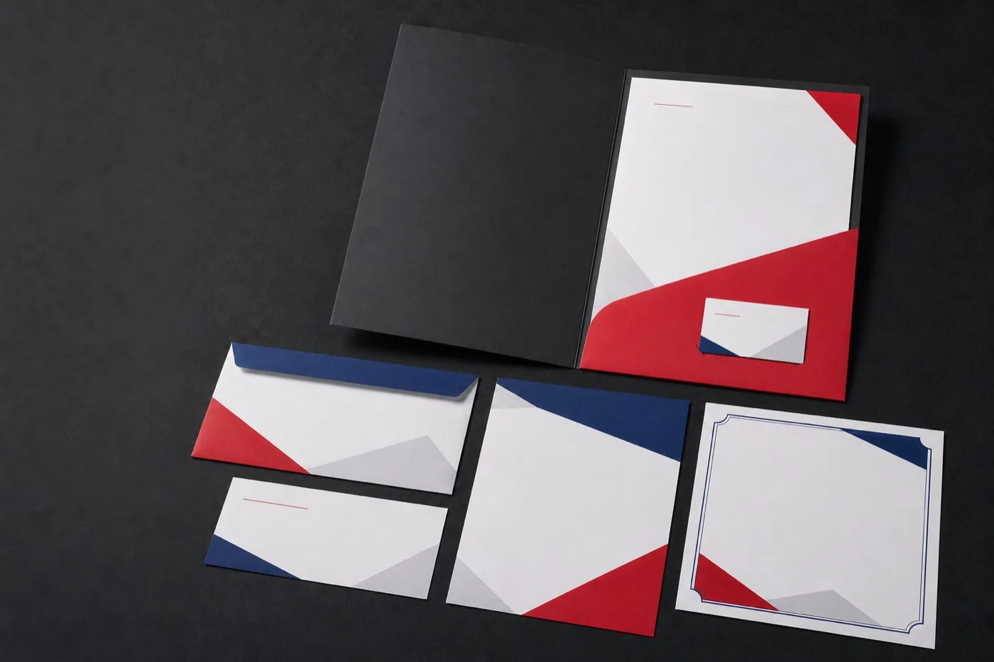 Folder and letterhead shown as a coordinated office print set