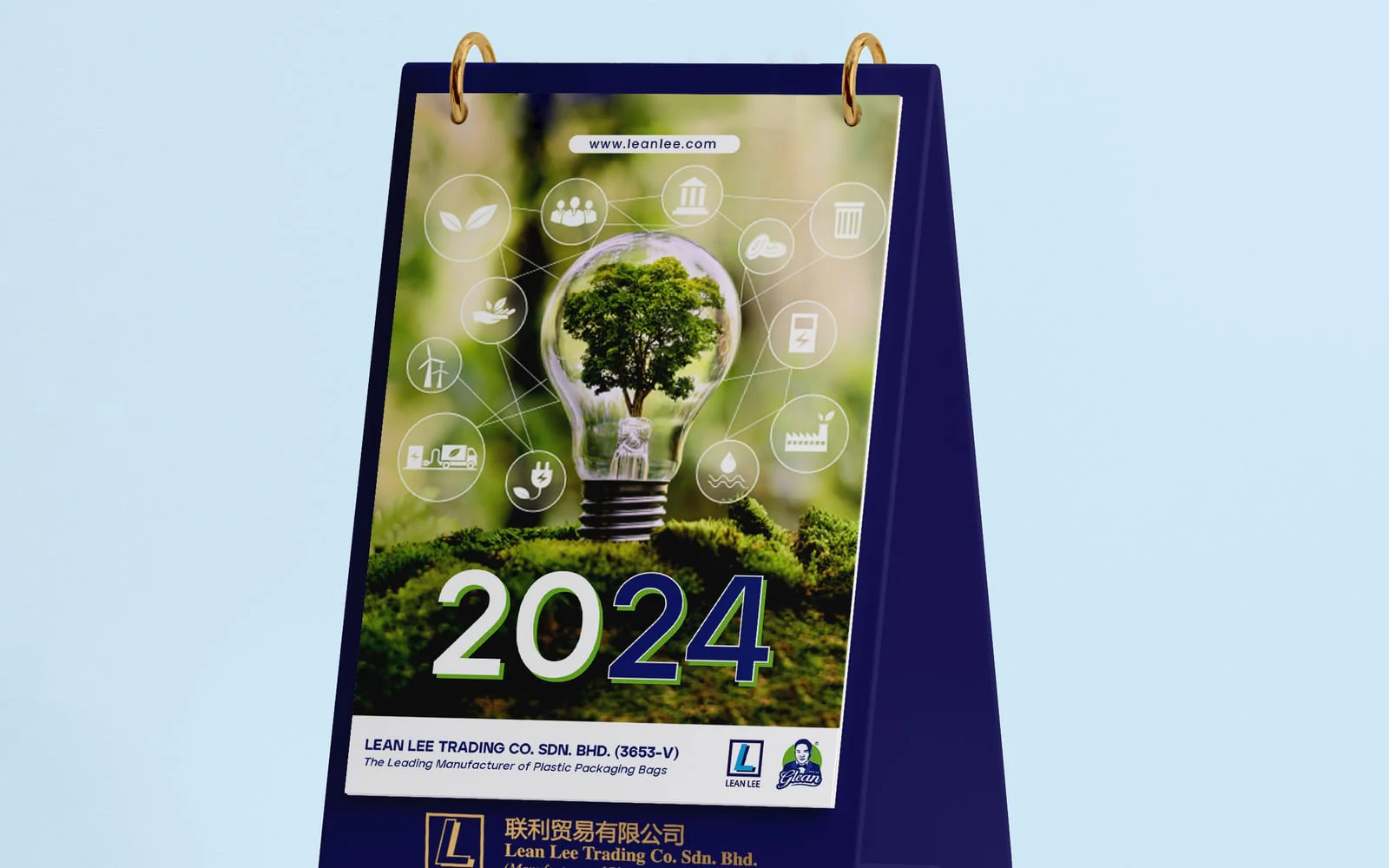 Custom branded desk calendar shown as a finished piece