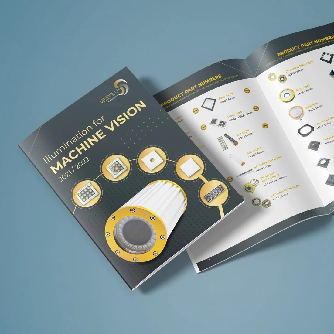 Industrial product catalogue cover and spread mockup