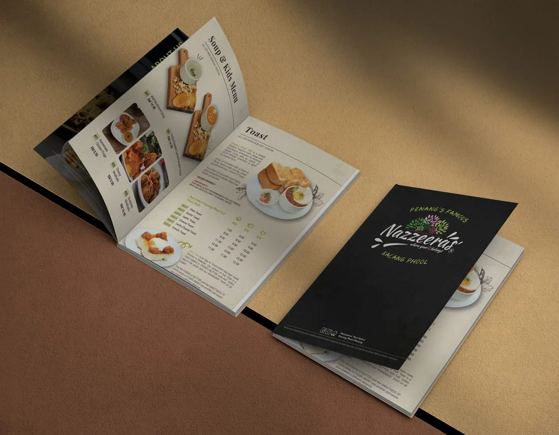 Restaurant menu presented as a finished printed piece