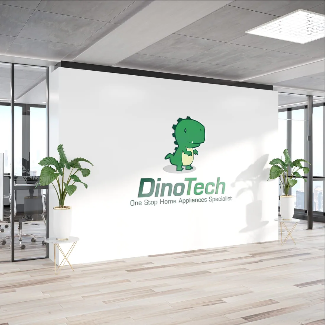 DinoTech identity applied as a dimensional wall mascot
