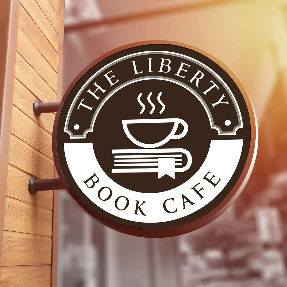 The Liberty Book Cafe exterior sign shown in context