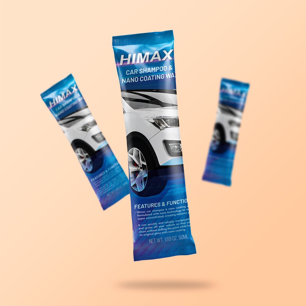 Himax car shampoo and nano coating wax sachet label artwork visualised as individual sachets
