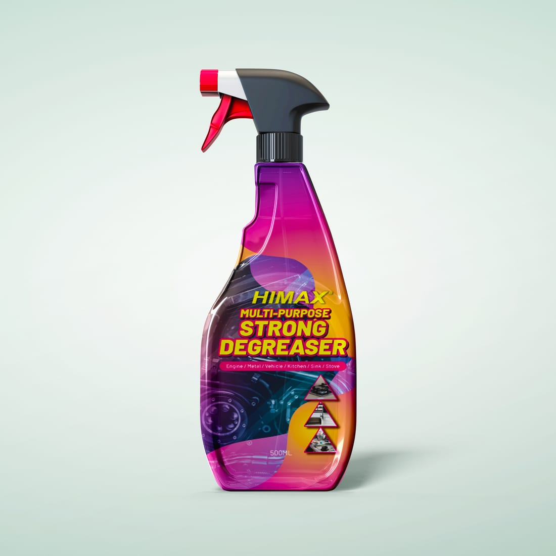 Himax multi-purpose strong degreaser trigger bottle label design visualisation