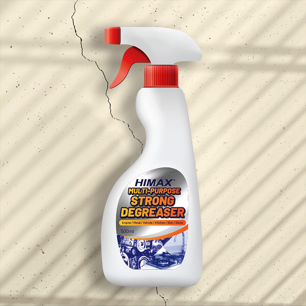 Himax strong degreaser label artwork shown on a white trigger bottle mockup